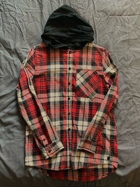 Red and Black Plaid Hooded Flannel Shirt